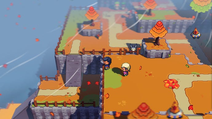 Two players stand by a cliffside in an autumnal Cassette Beasts scene.