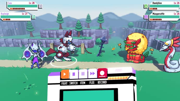 Cass and Kayleigh battle a Dandylion and Masquerattle in Cassette Beasts.