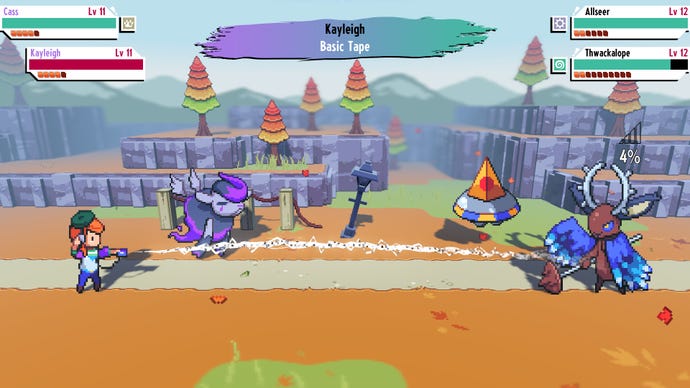 Kayleigh fires a gun at a Thwackalope, while a floating UFO-thing and a purple goat-thing watch on in Cassette Beasts.