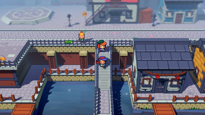 A player, followed by an AI companion, run down a set of steps in a lovely port town in Cassette Beasts.