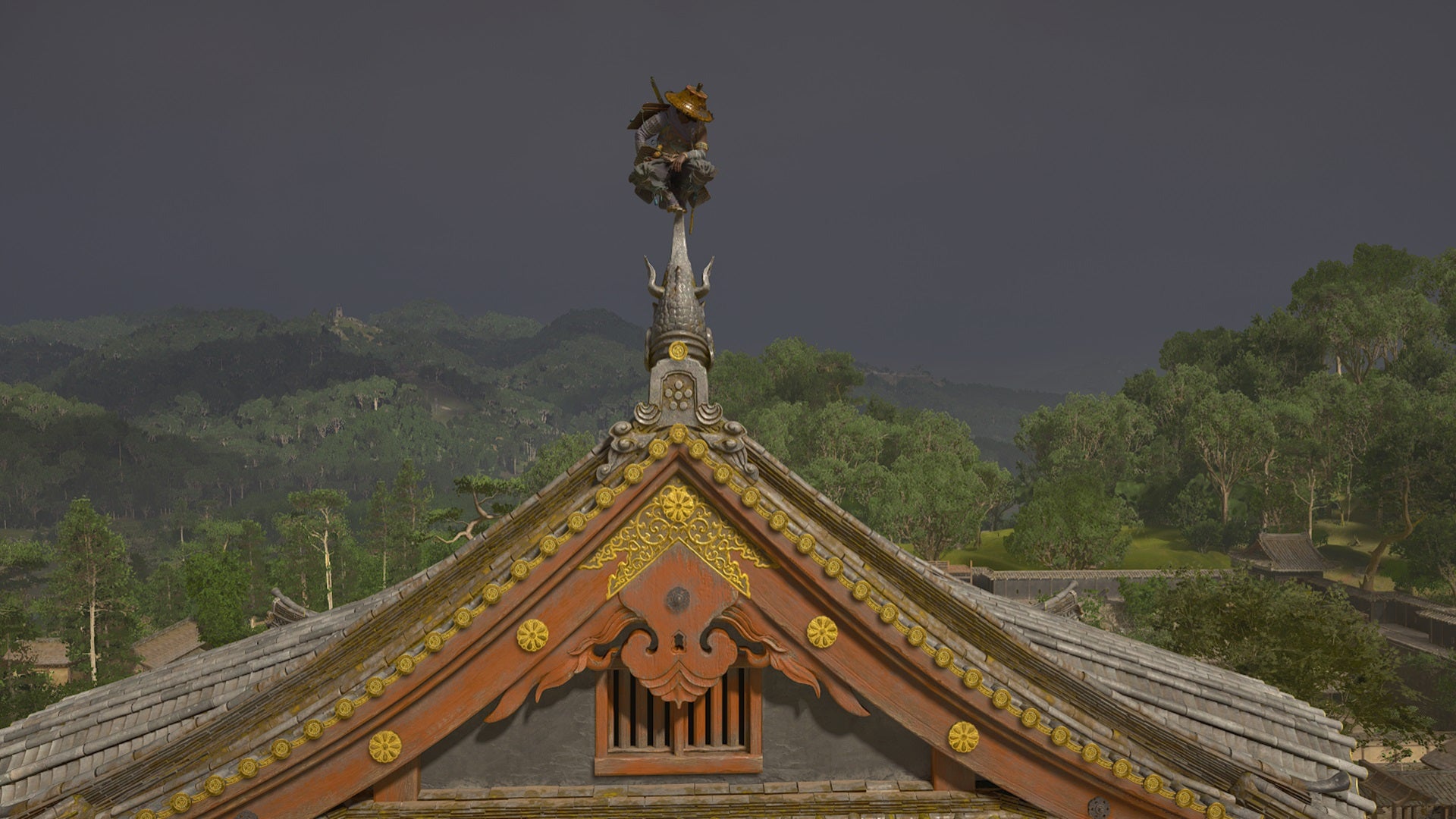 Yasuke sits perched on a tall castle spire in Assassin's Creed Shadows. - 1