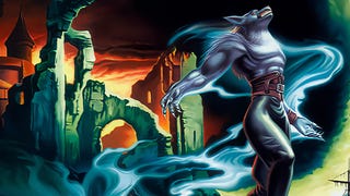 Artwork of Castlevania Legacy of Darkness showing werewolf emerging from mist next to castle ruins