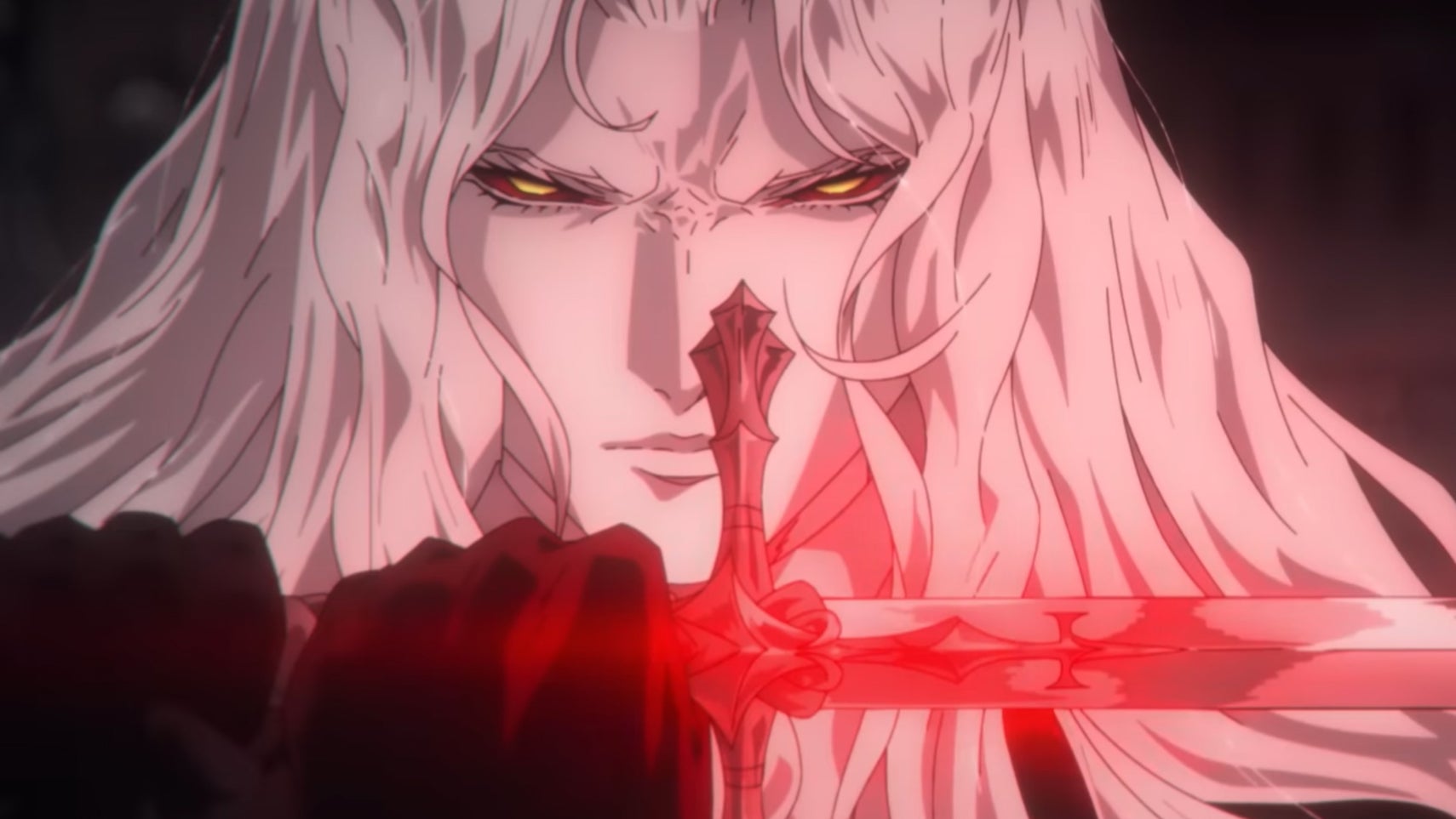 A close-up of Alucard in Castlevania: Nocturne, he's angry, holding his sword up to his face, it's glowing red. - 1