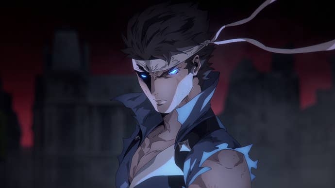 Richtor Belmont, a young man with glowing blue eyes and a banadana around his forehead, is stood looking at something offscreen with an angry expression.