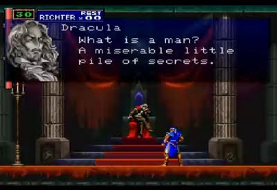 The player character speaks to Dracula on his throne in Castlevania: Symphony of the Night - 15