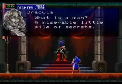 The player character speaks to Dracula on his throne in Castlevania: Symphony of the Night