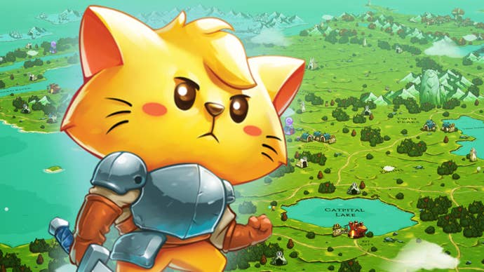 Image of Cat Quest’s armour-clad feline protagonist superimposed over the game’s map.