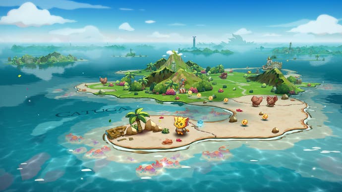 A Cat Quest 3 screenshot showing the feline protagonist standing on a sandy beach while an open world of tropical islands and ocean stretches away behind them.