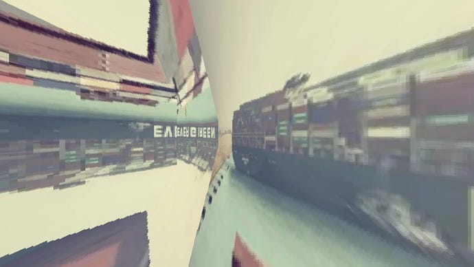 A screenshot of Catacombs Of Solaris that is comparatively sedate, the walls textured with a warped and repeating photo of the Ever Green ship that recently blocked the Suez Canal.