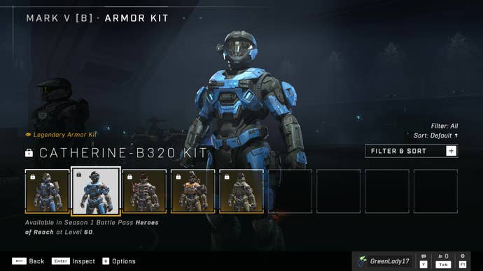 Halo Infinite’s Mark V (B) Armor Core, sporting the Catherine-B320 Armor Kit.