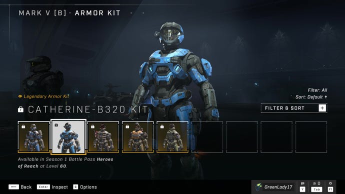 Halo Infinite’s Mark V (B) Armor Core, sporting the Catherine-B320 Armor Kit.