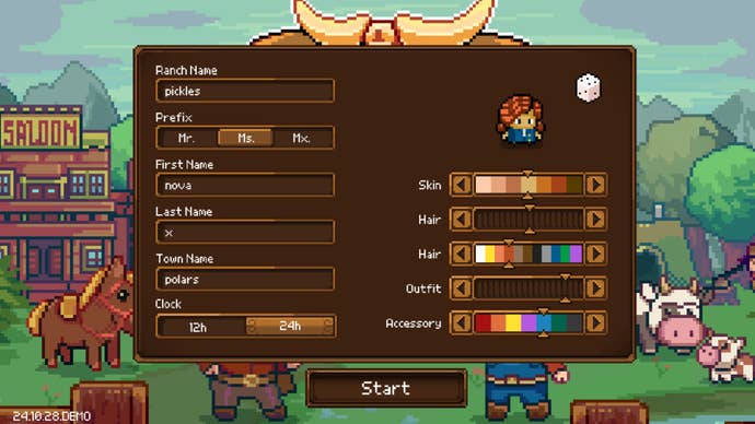 Cattle Country demo character creator menu