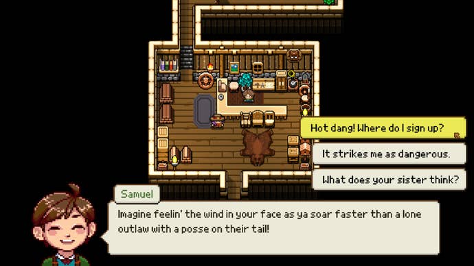 Cattle Country demo speaking to samuel at carpenter’s shop about soap box racing