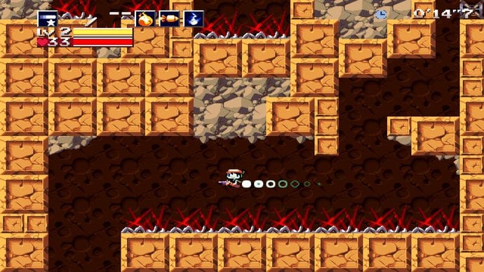 A small robot flies across a spiky pit in Cave Story+