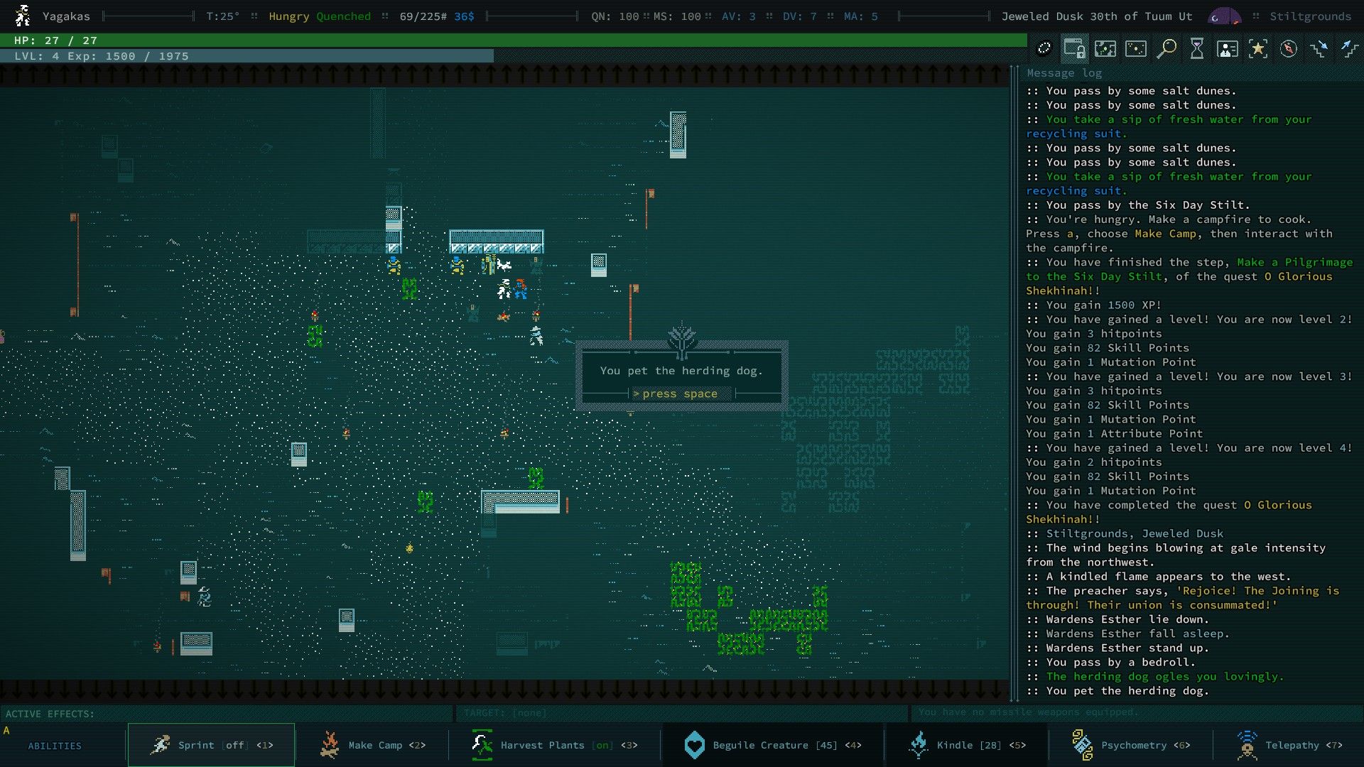 A dog stands in a village in ASCII art style, and the player pets the dog. - 13