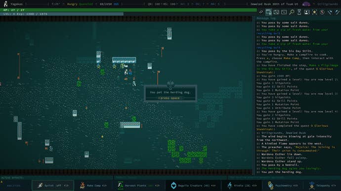 A dog stands in a village in ASCII art style, and the player pets the dog.