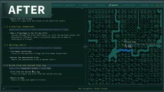 A quest log alongside a visual quest map in Caves Of Qud.