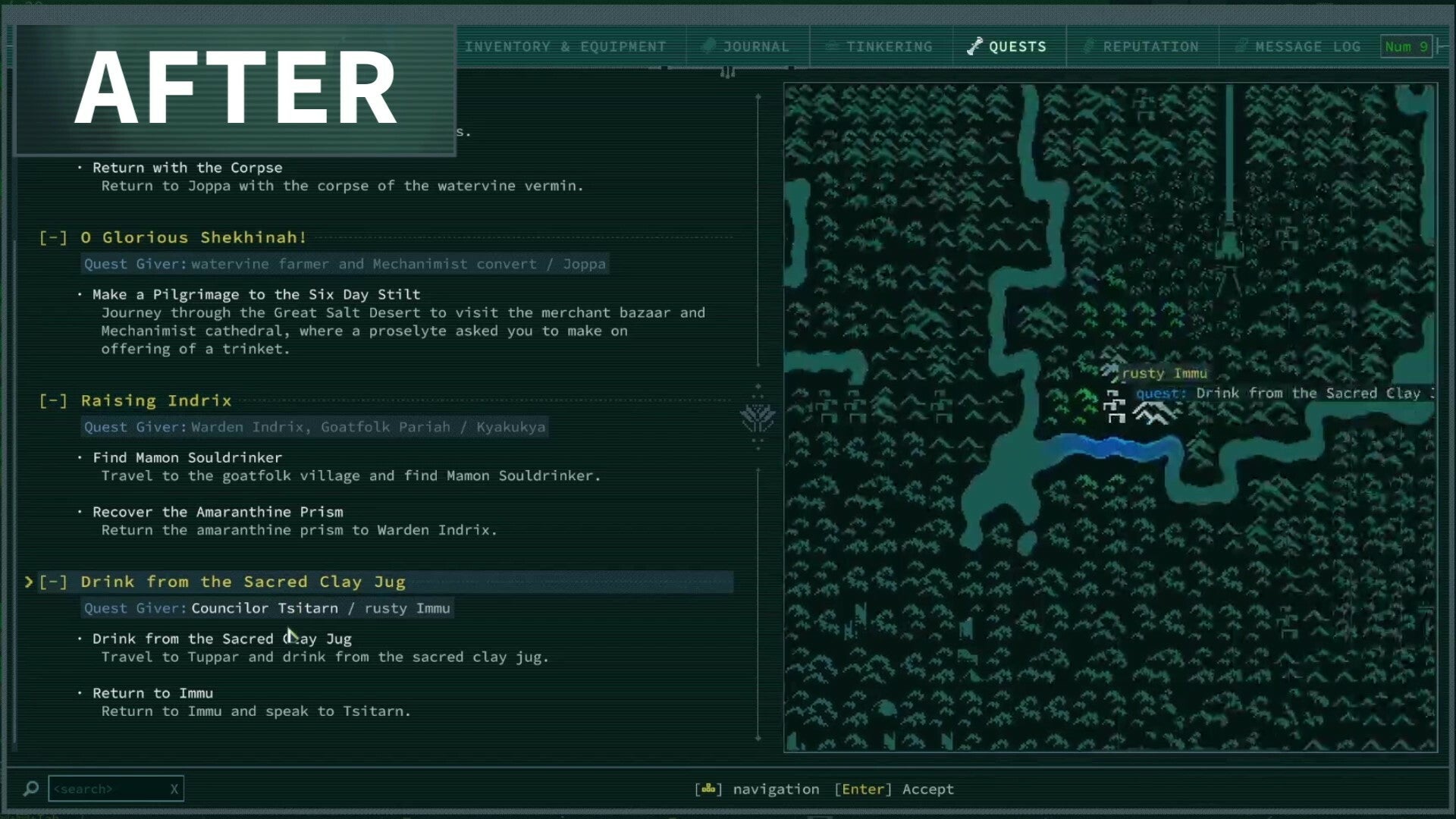 A quest log alongside a visual quest map in Caves Of Qud. - 1