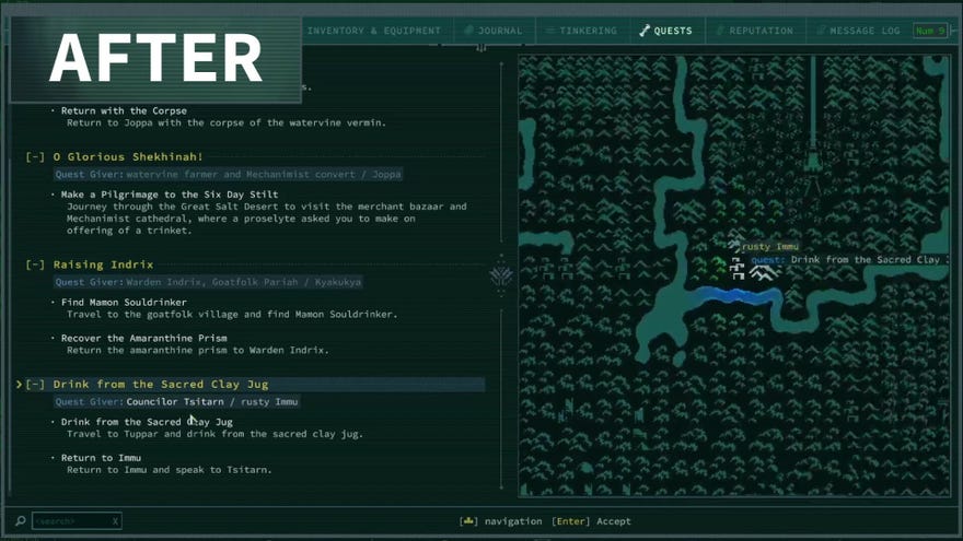 A quest log alongside a visual quest map in Caves Of Qud.