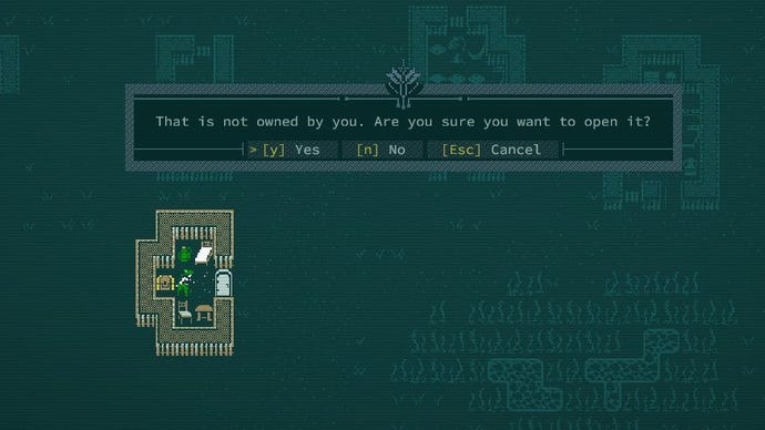 The player considers taking items from a villager’s chest, but the game warns them before doing his.
