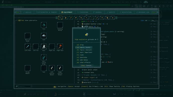 A grenade is seen on the equipment menu screen.