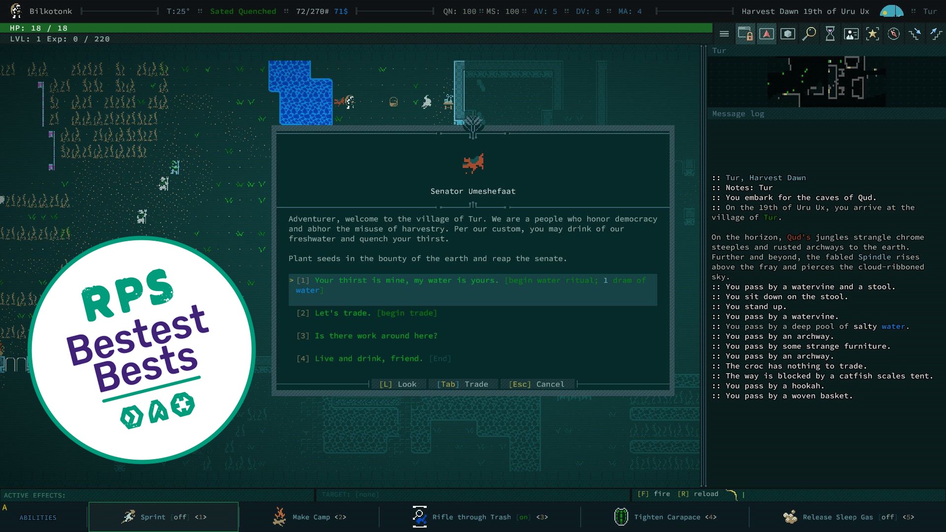 A dog senator speaks to the player, welcoming them to a friendly village. The RPS Bestest Best badge overlays the image. - 1