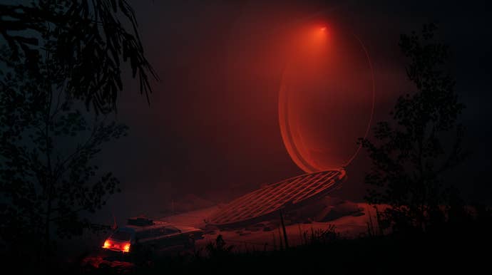 Screenshot from Pacific Drive showing the game’s station wagon in front of a large open vent of some kind