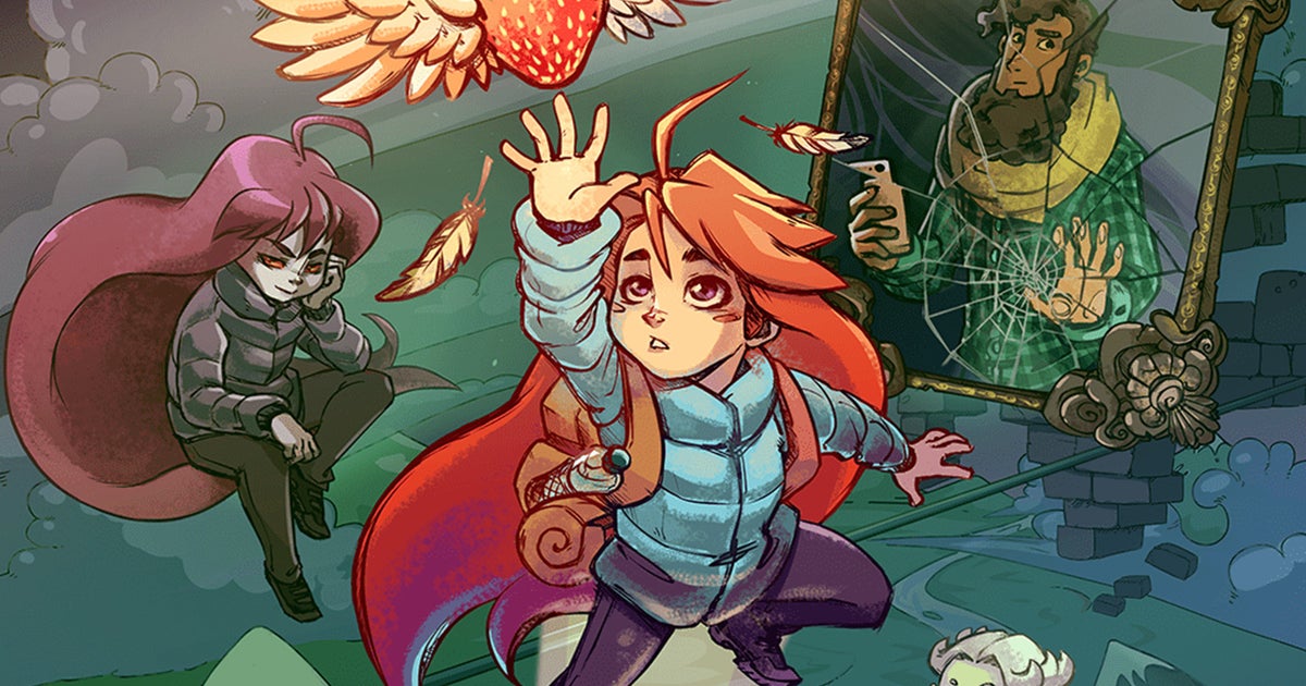 Madeline, a young woman with big red hair wearing a blue puffer jacket, is reaching towards a strawberry with wings in key art for Celeste.