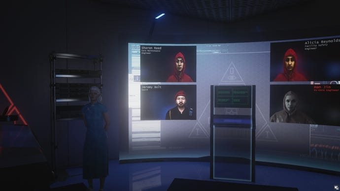 Imogen Royce shows off her screen of fireable employees in Hitman 3’s Certainty Principle mission.