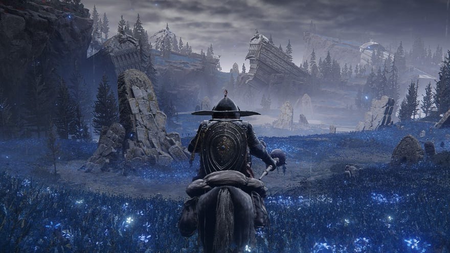 The haunting Cerulean Coast stretches before the player in Elden Ring: Shadow of the Erdtree.