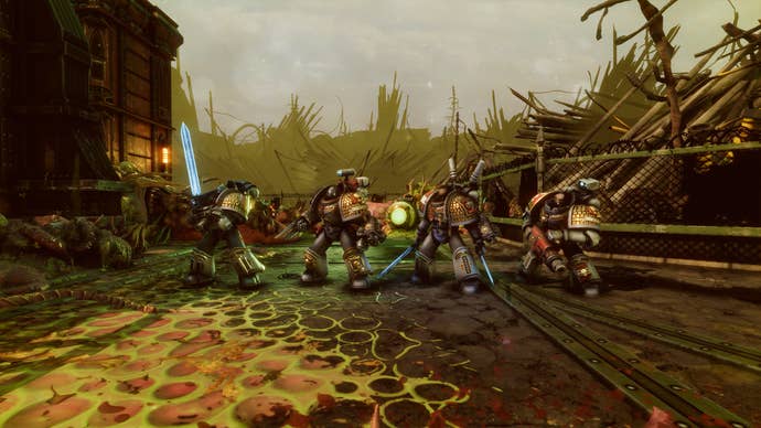 Warhammer 40,000: Chaos Gate - Daemonhunters preview assets featuring turn-based tactics gameplay, the base ship, and assorted shots of your customised four-man squads.
