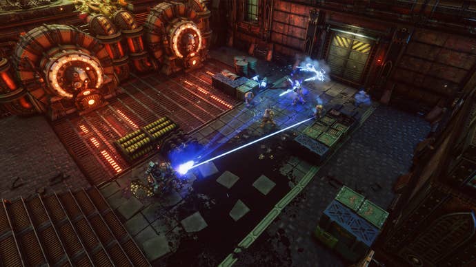 Warhammer 40,000: Chaos Gate - Daemonhunters preview assets featuring turn-based tactics gameplay, the base ship, and assorted shots of your customised four-man squads.