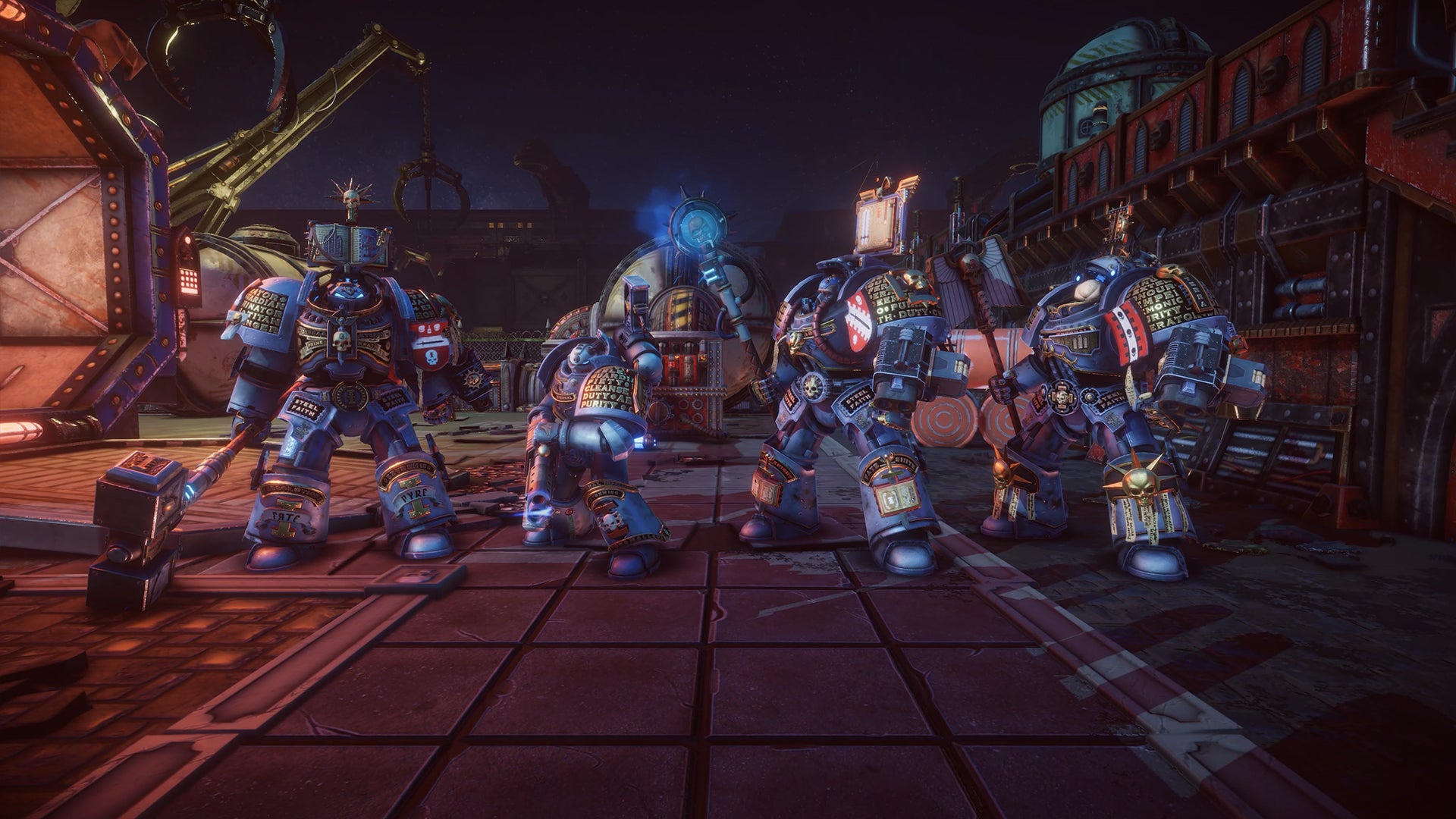 Warhammer 40,000: Chaos Gate - Daemonhunters preview assets featuring turn-based tactics gameplay, the base ship, and assorted shots of your customised four-man squads.