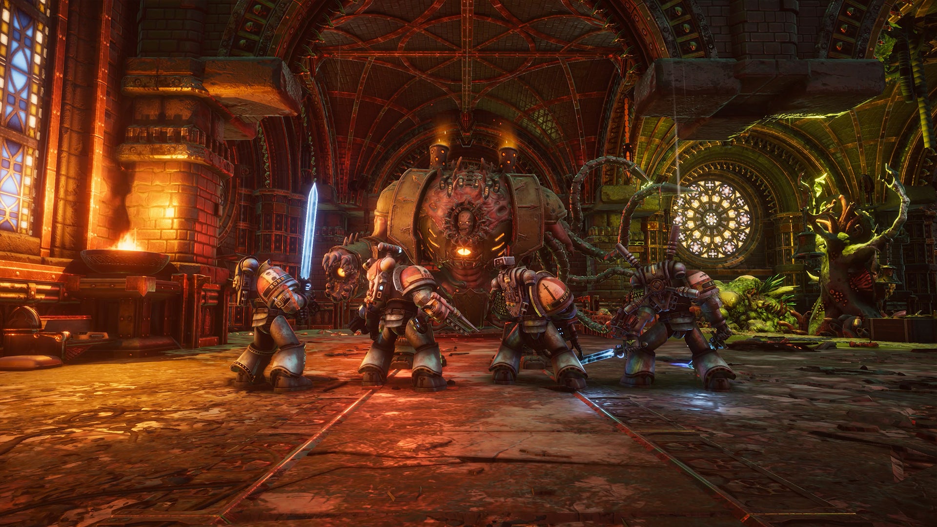 Warhammer 40,000: Chaos Gate - Daemonhunters preview assets featuring turn-based tactics gameplay, the base ship, and assorted shots of your customised four-man squads.