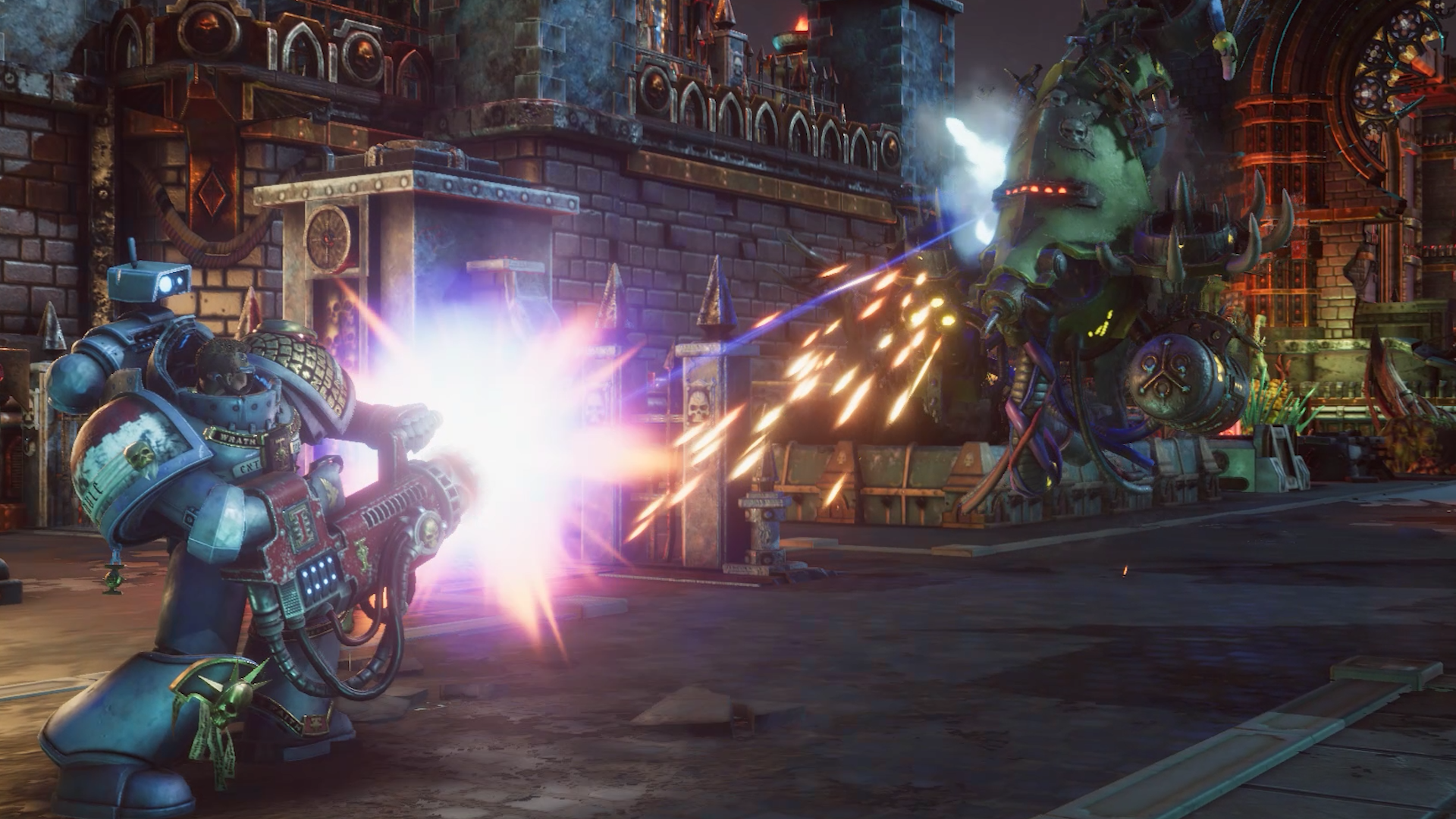 Warhammer 40,000: Chaos Gate - Daemonhunters preview assets featuring turn-based tactics gameplay, the base ship, and assorted shots of your customised four-man squads.