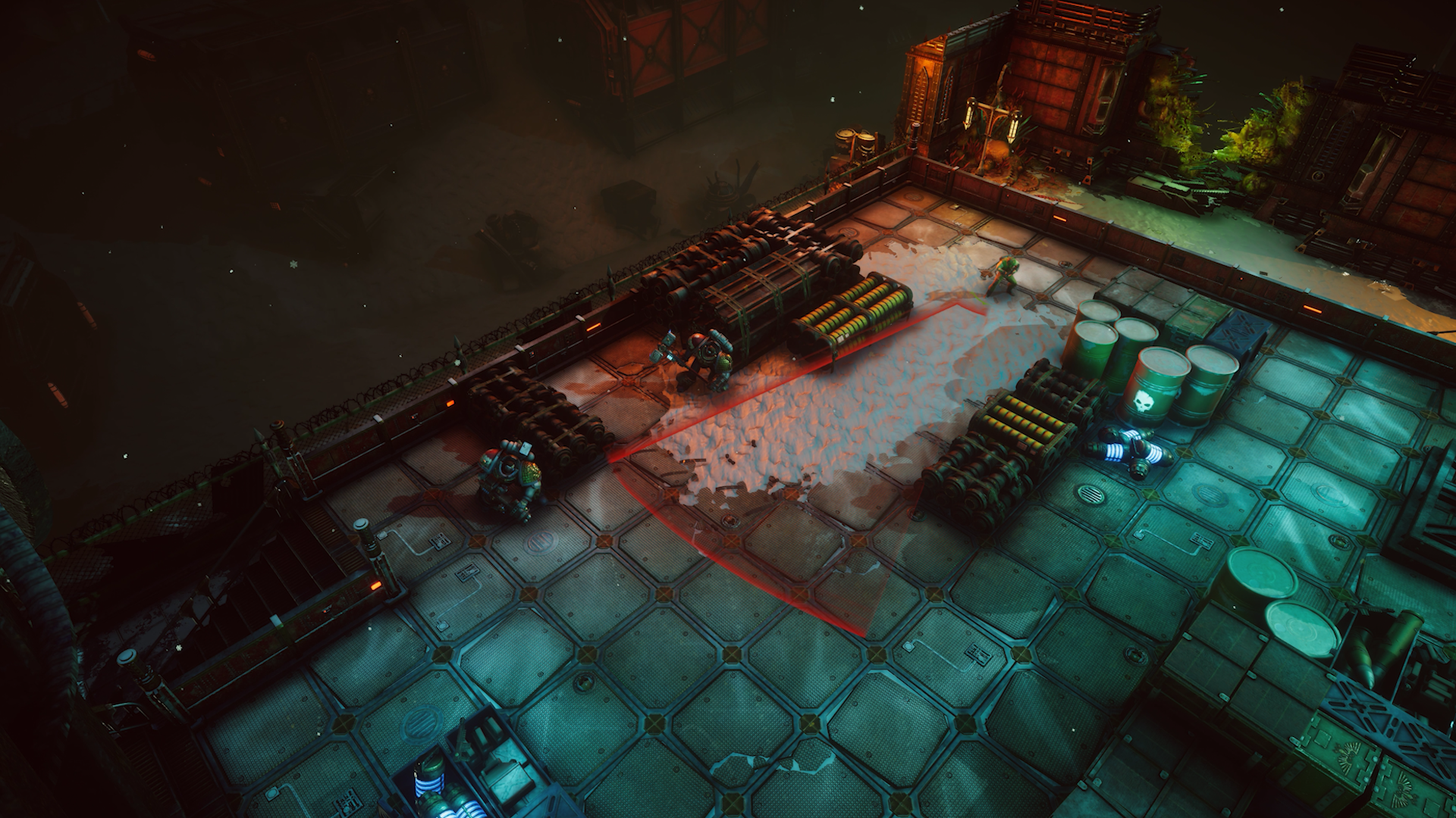 Warhammer 40,000: Chaos Gate - Daemonhunters preview assets featuring turn-based tactics gameplay, the base ship, and assorted shots of your customised four-man squads.