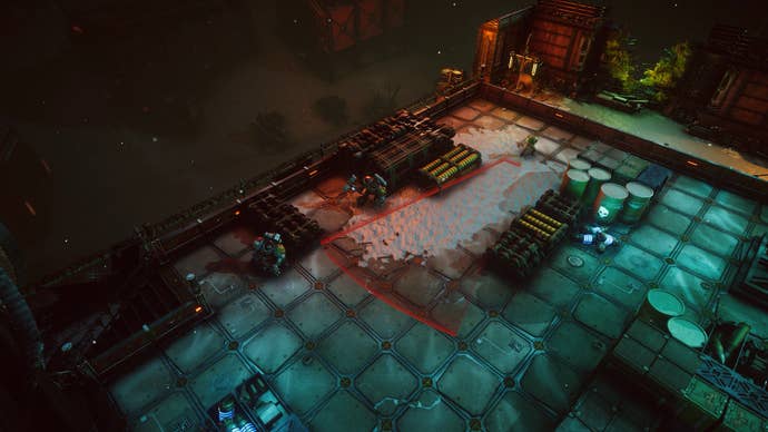 Warhammer 40,000: Chaos Gate - Daemonhunters preview assets featuring turn-based tactics gameplay, the base ship, and assorted shots of your customised four-man squads.