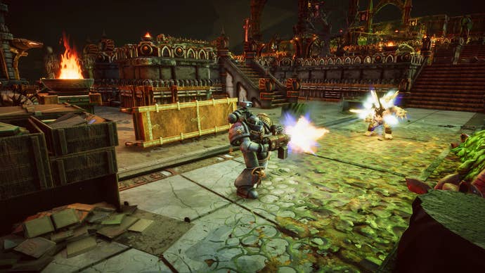 Warhammer 40,000: Chaos Gate - Daemonhunters preview assets featuring turn-based tactics gameplay, the base ship, and assorted shots of your customised four-man squads.