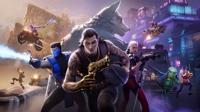 Fortnite image showing multiple characters in a collage with a big wolf in the background