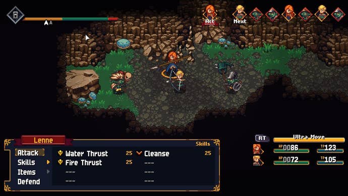 Two warriors fight goblins in a cave in Chained Echoes