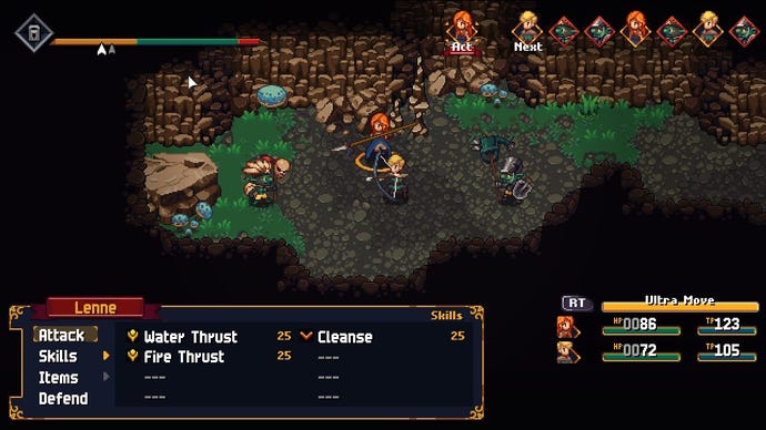 Two warriors fight goblins in a cave in Chained Echoes