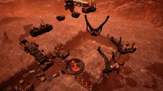 Three burned figures fall to their doom over a hellish landscape.