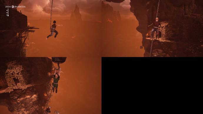 Nic, Edwin, and Brendan dangle from chains while holding on for dear life.