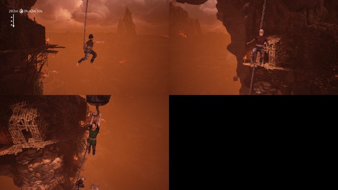 Nic, Edwin, and Brendan dangle from chains while holding on for dear life.