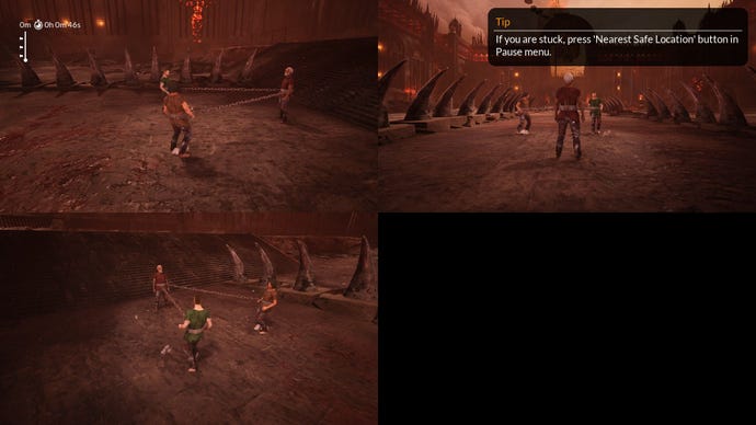 Nic, Edwin, and Brendan begin their journey on the ground floor of Chained Together, with their characters looking at one another.