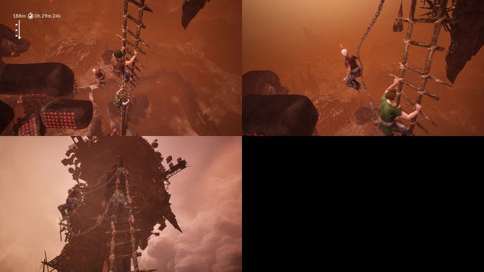 Nic’s character swings around a ladder as Edwin and Brendan try to climb up.