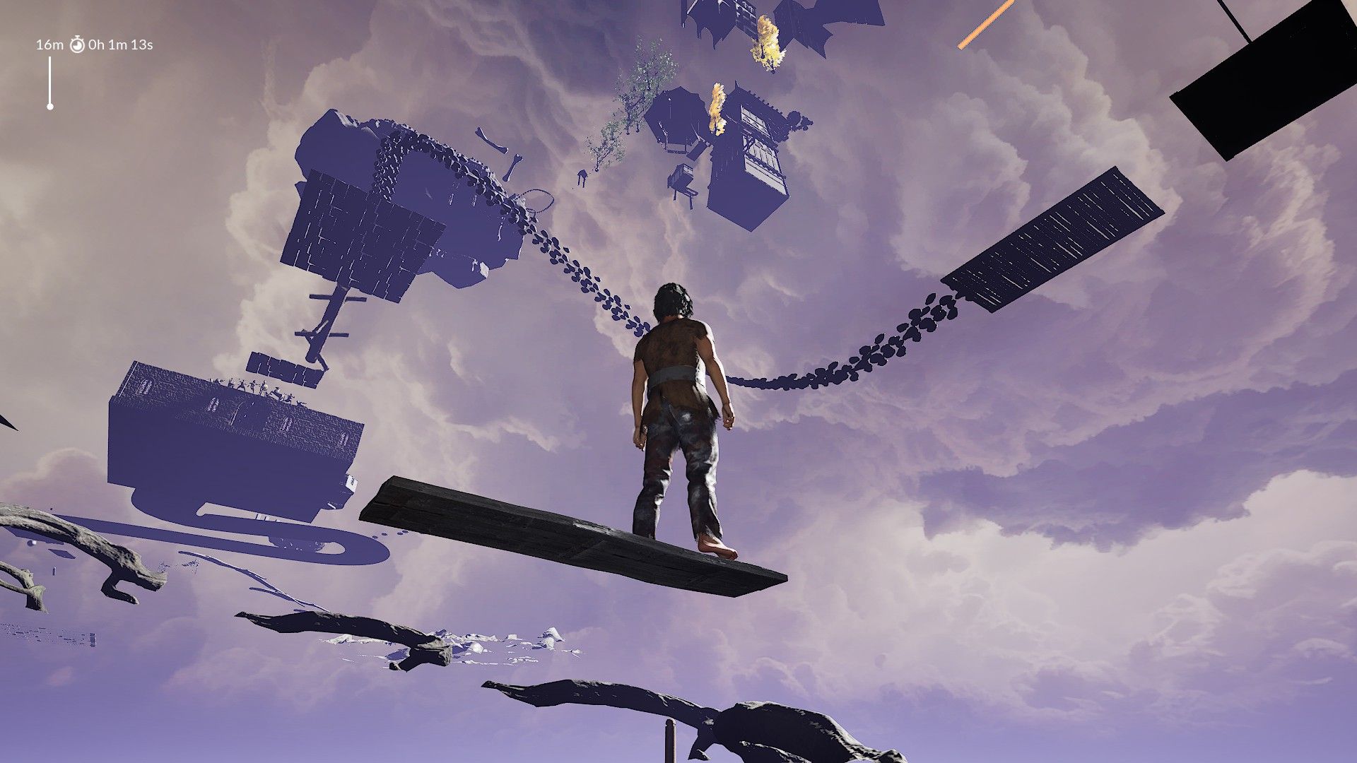 A lone soul looks up at an obstacle course hanging in a twilight sky. - 1