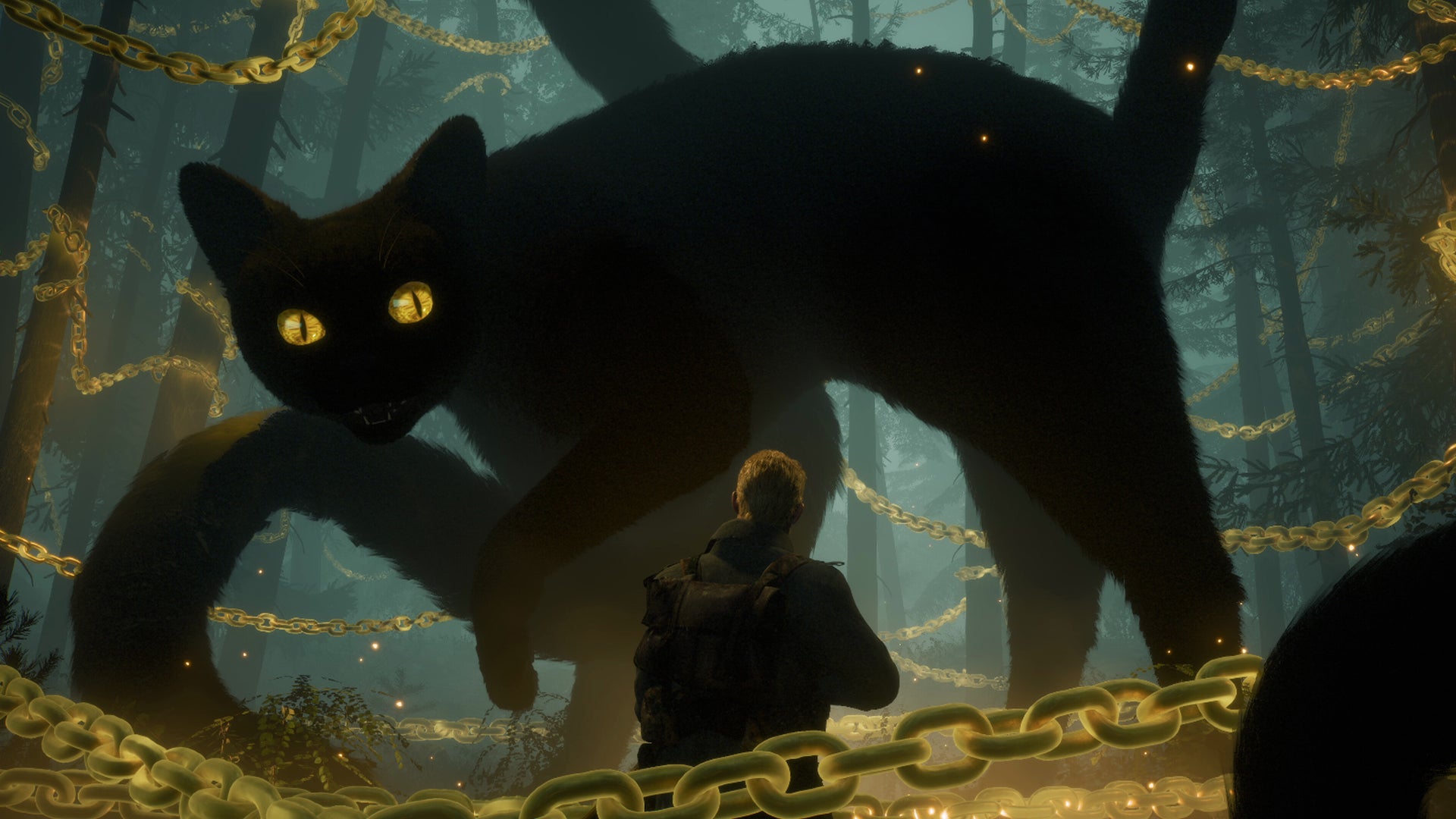 A soldier is looking up at an elephant-sized black cat in a forest in Chains of Lukomoyre. - 1