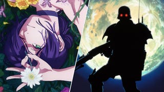Reze, a purple haired woman, is laying down on grass, one eye open, holding a flower in between her finger and thumb in a poster for the Chainsaw Man Reze Arc movie. A man in a militaritisc suit of armour with glowing red eyes is silhouetted against a large moon in a poster for Jin-Roh: The Wolf Brigade.