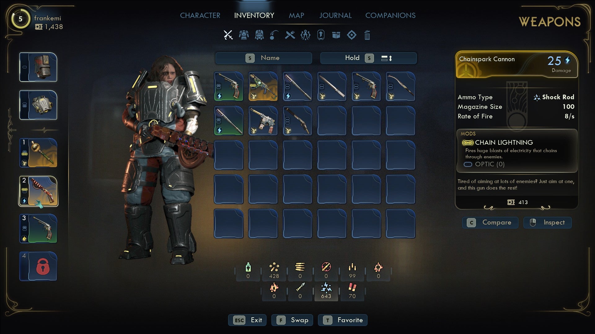 The menu screen of The Outer Worlds 2, showing a player holding a huge Chainspark Cannon that deals Shock damage. - 5